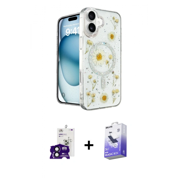 MARSİLYAN™- iPhone 16 Kılıf Kozmos Doku - Siyah Bilvis 5in1 5D Magic Hayalet Cam Ekran Koruyucu + Bilvis Titan Kamera Lens - SH