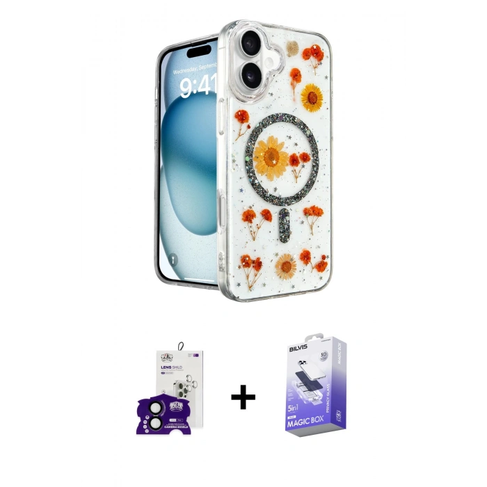 MARSİLYAN™- iPhone 16 Kılıf Kozmos Doku - Siyah Bilvis 5in1 5D Magic Hayalet Cam Ekran Koruyucu + Bilvis Titan Kamera Lens - SH
