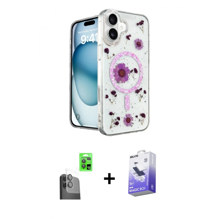 MARSİLYAN™- iPhone 16 Kılıf Kozmos Doku - Siyah Bilvis 5in1 5D Magic Hayalet Cam Ekran Koruyucu + Raze Metal Kamera Lens - SH
