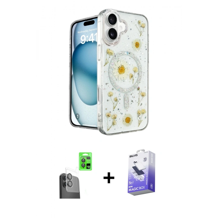 MARSİLYAN™- iPhone 16 Kılıf Kozmos Doku - Siyah Bilvis 5in1 5D Magic Hayalet Cam Ekran Koruyucu + Raze Metal Kamera Lens - SH