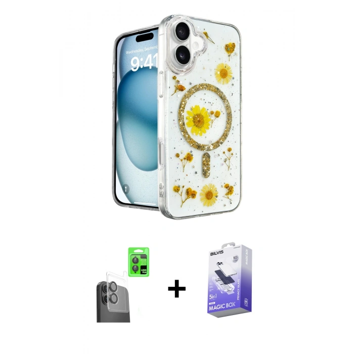 MARSİLYAN™- iPhone 16 Kılıf Kozmos Doku - Siyah Bilvis 5in1 5D Magic Hayalet Cam Ekran Koruyucu + Raze Metal Kamera Lens - SH