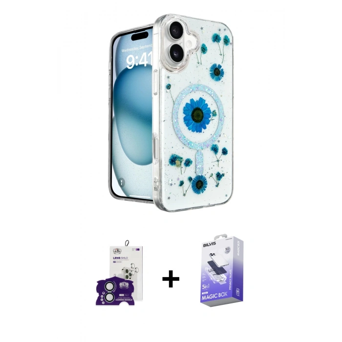 MARSİLYAN™- iPhone 16 Kılıf Kozmos Doku - Siyah Bilvis 5in1 5D Magic Hayalet Cam Ekran Koruyucu + Yeşil Bilvis Titan Kamera Lens
