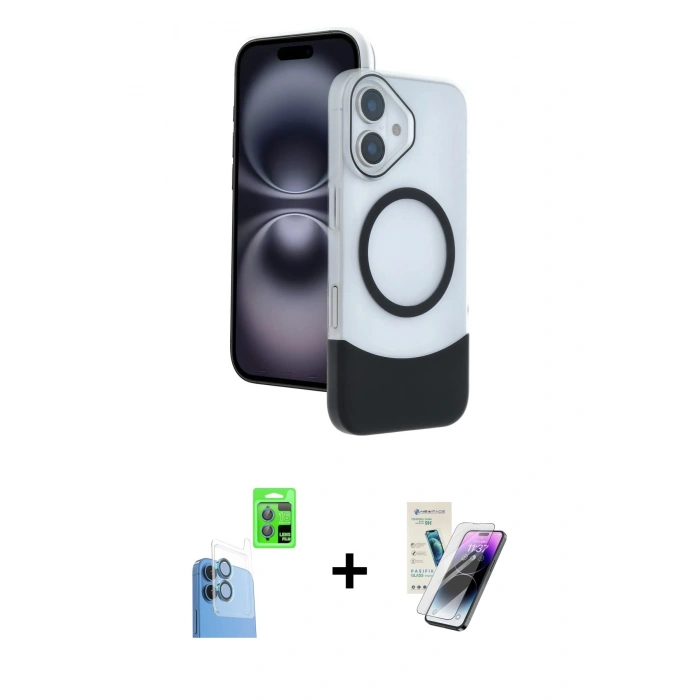 MARSİLYAN™- iPhone 16 Kılıf Kozmos Form Özel Seri - Şeffaf Pasifik Cam Ekran Koruyucu + Raze Metal Kamera Lens - LT