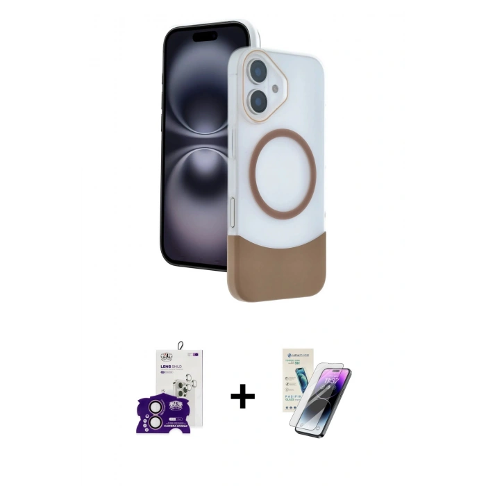 MARSİLYAN™- iPhone 16 Kılıf Kozmos Form Özel Seri - Şeffaf Pasifik Cam Ekran Koruyucu + Pembe Bilvis Titan Kamera Lens