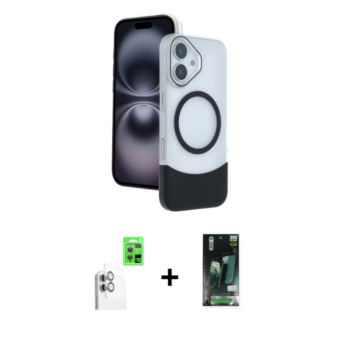MARSİLYAN™- iPhone 16 Kılıf Kozmos Form Özel Seri - Siyah 360 Mat Full Body Arka Koruyucu + Raze Metal Kamera Lens - BZ