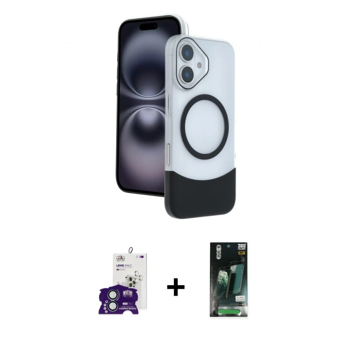 MARSİLYAN™- iPhone 16 Kılıf Kozmos Form Özel Seri - Siyah 360 Mat Full Body Arka Koruyucu + Bilvis Titan Kamera Lens - YL