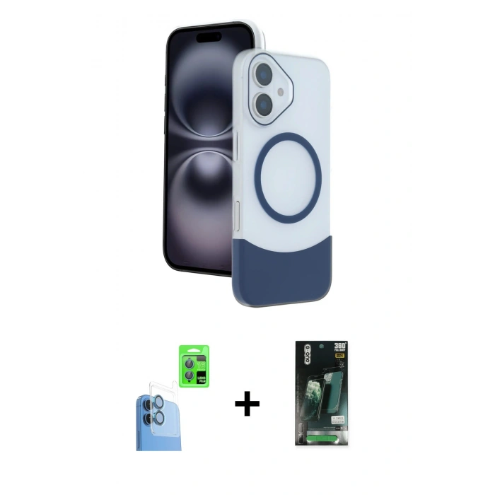 MARSİLYAN™- iPhone 16 Kılıf Kozmos Form Özel Seri - Siyah 360 Mat Full Body Arka Koruyucu + Raze Metal Kamera Lens - LT