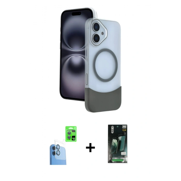 MARSİLYAN™- iPhone 16 Kılıf Kozmos Form Özel Seri - Siyah 360 Mat Full Body Arka Koruyucu + Raze Metal Kamera Lens - LT