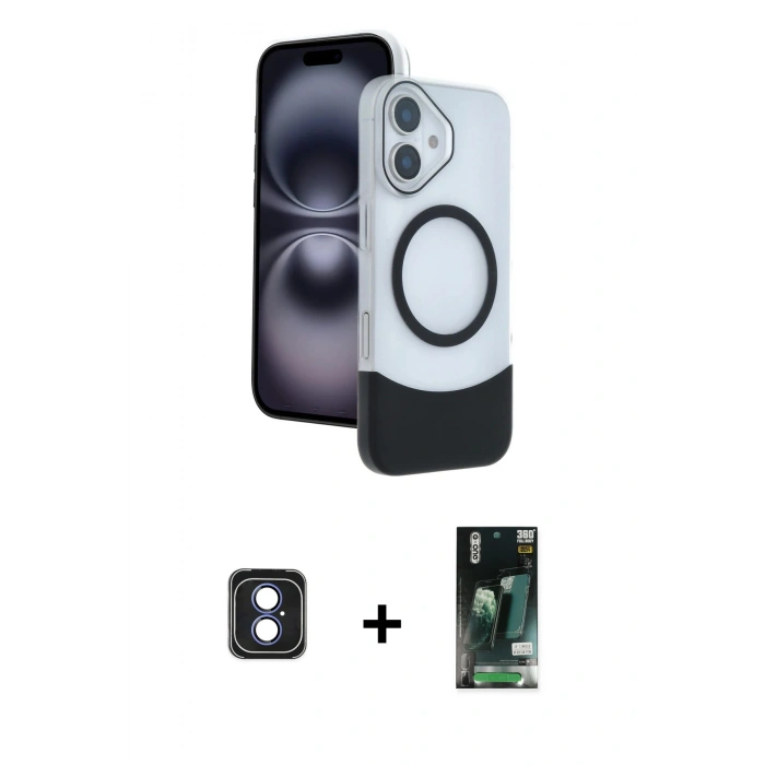 MARSİLYAN™- iPhone 16 Kılıf Kozmos Form Özel Seri - Siyah 360 Mat Full Body Arka Koruyucu + Mavi PVD Metal Kamera Lens