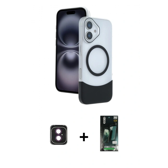 MARSİLYAN™- iPhone 16 Kılıf Kozmos Form Özel Seri - Siyah 360 Mat Full Body Arka Koruyucu + PVD Metal Kamera Lens - PE