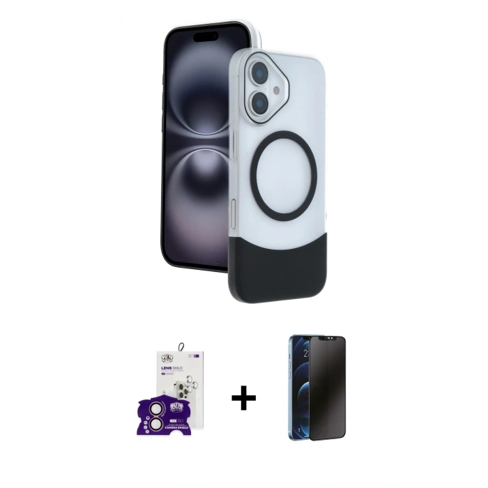 MARSİLYAN™- iPhone 16 Kılıf Kozmos Form Özel Seri - Siyah 3D Antistatik Hayalet Cam Ekran Koruyucu + Bilvis Titan Kamera Lens - PE