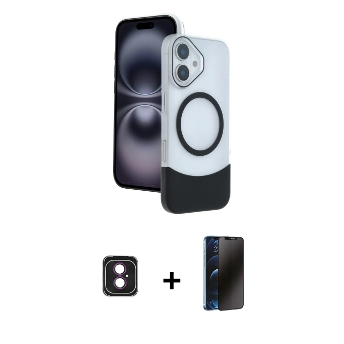 MARSİLYAN™- iPhone 16 Kılıf Kozmos Form Özel Seri - Siyah 3D Antistatik Hayalet Cam Ekran Koruyucu + PVD Metal Kamera Lens - PE