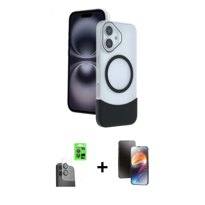MARSİLYAN™- iPhone 16 Kılıf Kozmos Form Özel Seri - Siyah 3D Antistatik Mat Seramik Nano Ekran Koruyucu + Siyah Raze Metal Kamera Lens