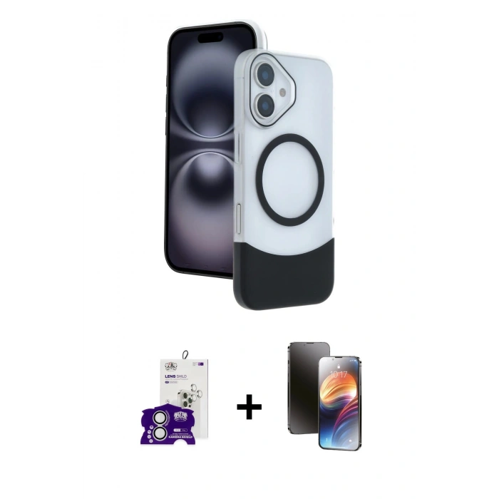 MARSİLYAN™- iPhone 16 Kılıf Kozmos Form Özel Seri - Siyah 3D Antistatik Mat Seramik Nano Ekran Koruyucu + Gümüş Bilvis Titan Kamera Lens