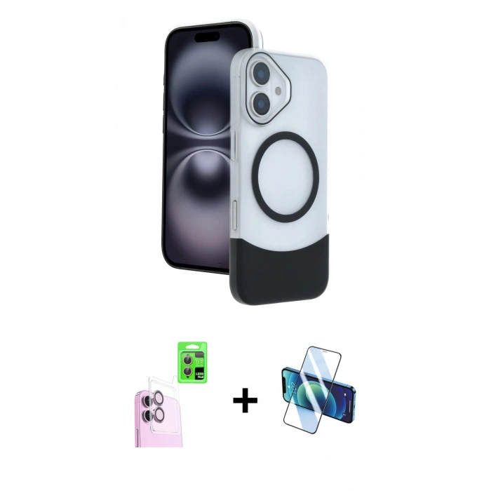 MARSİLYAN™- iPhone 16 Kılıf Kozmos Form Özel Seri - Siyah 3D Antistatik Seramik Nano Ekran Koruyucu + Raze Metal Kamera Lens - PE