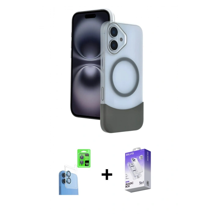 MARSİLYAN™- iPhone 16 Kılıf Kozmos Form Özel Seri - Siyah Bilvis 5in1 3D Magic Cam Ekran Koruyucu + Lacivert Raze Metal Kamera Lens