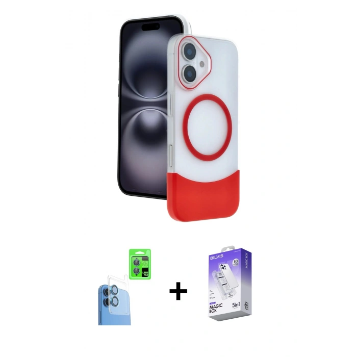 MARSİLYAN™- iPhone 16 Kılıf Kozmos Form Özel Seri - Siyah Bilvis 5in1 3D Magic Cam Ekran Koruyucu + Lacivert Raze Metal Kamera Lens