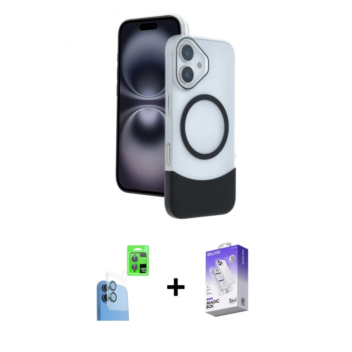 MARSİLYAN™- iPhone 16 Kılıf Kozmos Form Özel Seri - Siyah Bilvis 5in1 3D Magic Cam Ekran Koruyucu + Lacivert Raze Metal Kamera Lens
