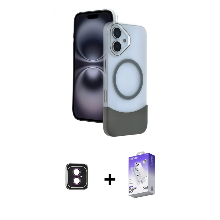 MARSİLYAN™- iPhone 16 Kılıf Kozmos Form Özel Seri - Siyah Bilvis 5in1 3D Magic Cam Ekran Koruyucu + PVD Metal Kamera Lens - PE