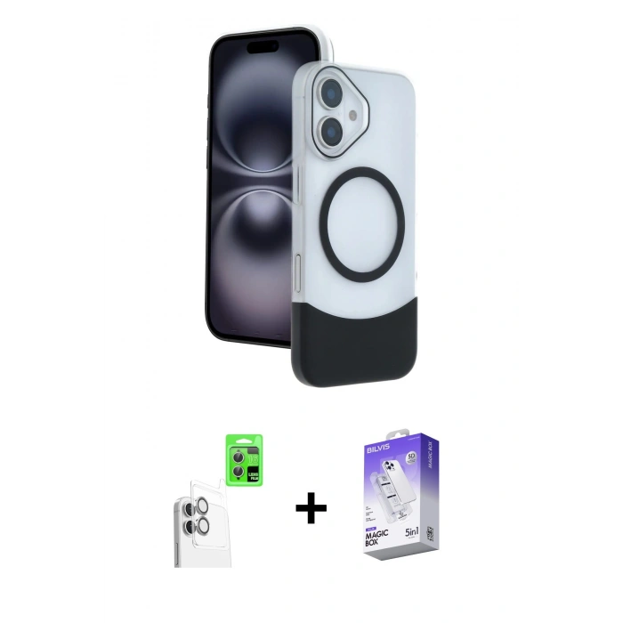MARSİLYAN™- iPhone 16 Kılıf Kozmos Form Özel Seri - Siyah Bilvis 5in1 3D Magic Cam Ekran Koruyucu + Raze Metal Kamera Lens - BZ