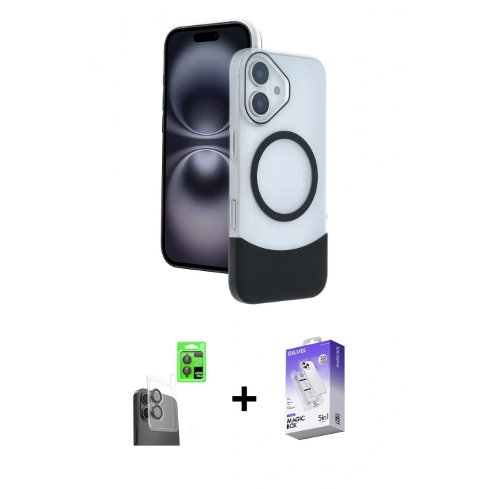 MARSİLYAN™- iPhone 16 Kılıf Kozmos Form Özel Seri - Siyah Bilvis 5in1 3D Magic Cam Ekran Koruyucu + Raze Metal Kamera Lens - SH