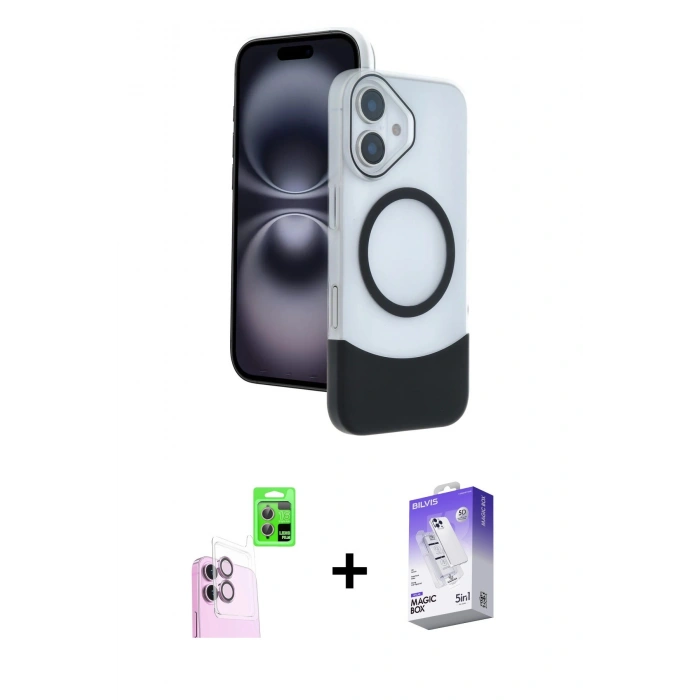 MARSİLYAN™- iPhone 16 Kılıf Kozmos Form Özel Seri - Siyah Bilvis 5in1 3D Magic Cam Ekran Koruyucu + Raze Metal Kamera Lens - PE