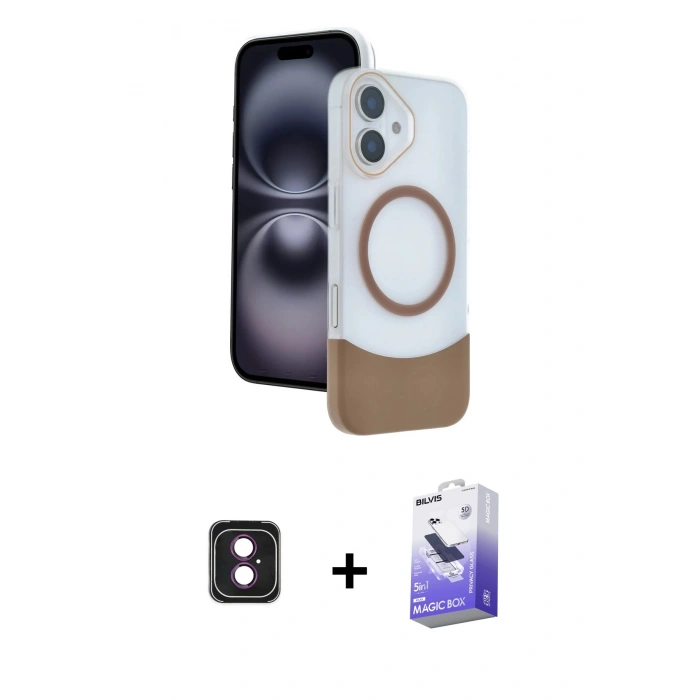 MARSİLYAN™- iPhone 16 Kılıf Kozmos Form Özel Seri - Siyah Bilvis 5in1 5D Magic Hayalet Cam Ekran Koruyucu + PVD Metal Kamera Lens - PE