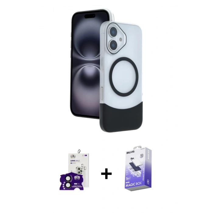 MARSİLYAN™- iPhone 16 Kılıf Kozmos Form Özel Seri - Siyah Bilvis 5in1 5D Magic Hayalet Cam Ekran Koruyucu + Bilvis Titan Kamera Lens - SH