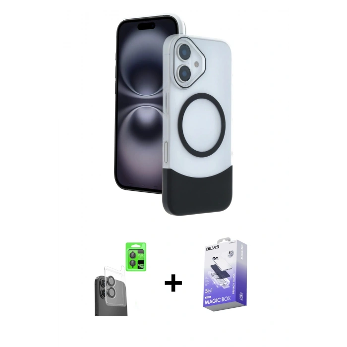 MARSİLYAN™- iPhone 16 Kılıf Kozmos Form Özel Seri - Siyah Bilvis 5in1 5D Magic Hayalet Cam Ekran Koruyucu + Raze Metal Kamera Lens - SH