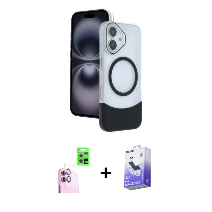 MARSİLYAN™- iPhone 16 Kılıf Kozmos Form Özel Seri - Siyah Bilvis 5in1 5D Magic Hayalet Cam Ekran Koruyucu + Pembe Raze Metal Kamera Lens