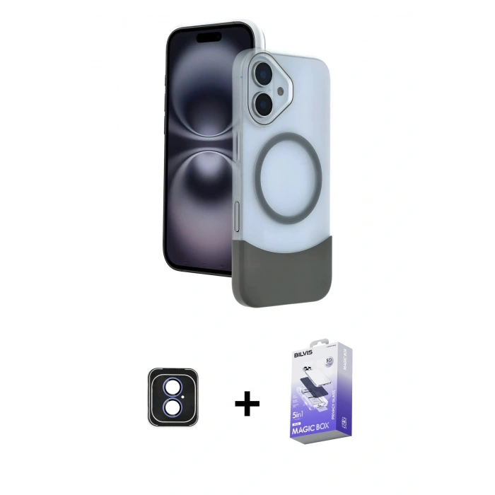 MARSİLYAN™- iPhone 16 Kılıf Kozmos Form Özel Seri - Siyah Bilvis 5in1 5D Magic Hayalet Cam Ekran Koruyucu + PVD Metal Kamera Lens - MI