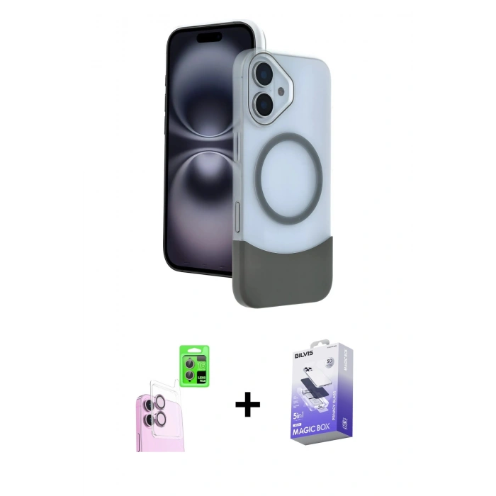 MARSİLYAN™- iPhone 16 Kılıf Kozmos Form Özel Seri - Siyah Bilvis 5in1 5D Magic Hayalet Cam Ekran Koruyucu + Pembe Raze Metal Kamera Lens