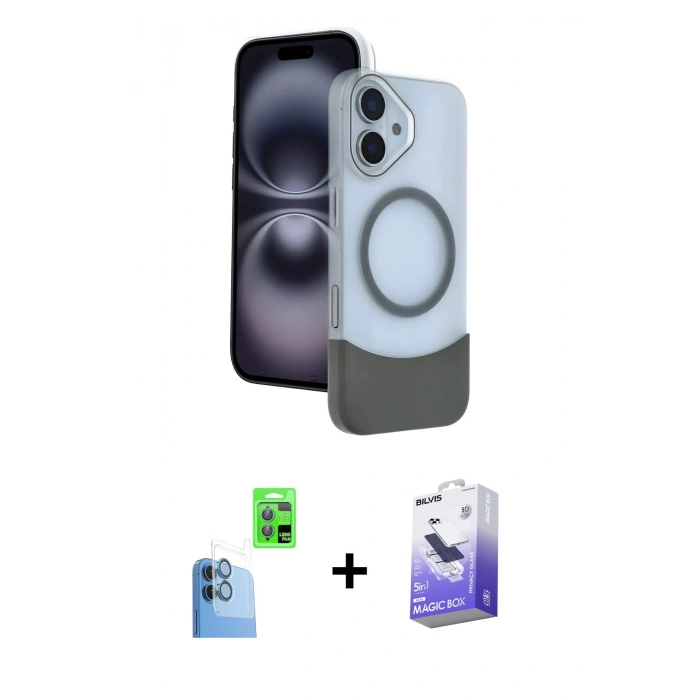 MARSİLYAN™- iPhone 16 Kılıf Kozmos Form Özel Seri - Siyah Bilvis 5in1 5D Magic Hayalet Cam Ekran Koruyucu + Raze Metal Kamera Lens - LT