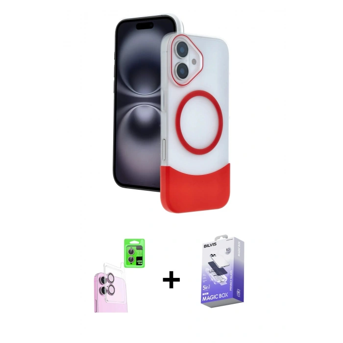 MARSİLYAN™- iPhone 16 Kılıf Kozmos Form Özel Seri - Siyah Bilvis 5in1 5D Magic Hayalet Cam Ekran Koruyucu + Pembe Raze Metal Kamera Lens