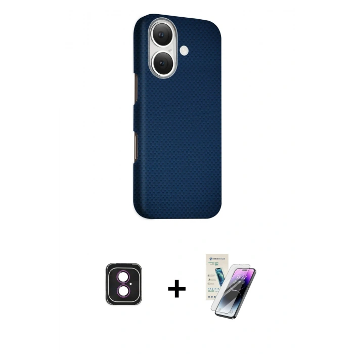 MARSİLYAN™- iPhone 16 Kılıf Kozmos Klasik Prime - Şeffaf Pasifik Cam Ekran Koruyucu + PVD Metal Kamera Lens - PE