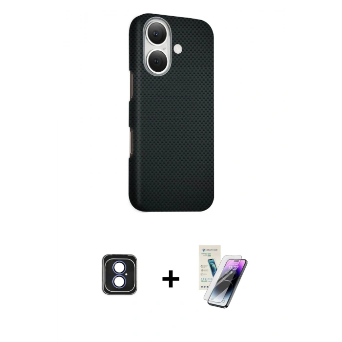 MARSİLYAN™- iPhone 16 Kılıf Kozmos Klasik Prime - Şeffaf Pasifik Cam Ekran Koruyucu + PVD Metal Kamera Lens - MI