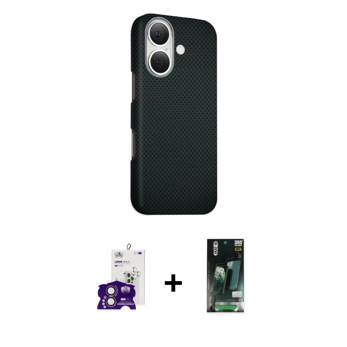 MARSİLYAN™- iPhone 16 Kılıf Kozmos Klasik Prime - Siyah 360 Mat Full Body Arka Koruyucu + Bilvis Titan Kamera Lens - PE