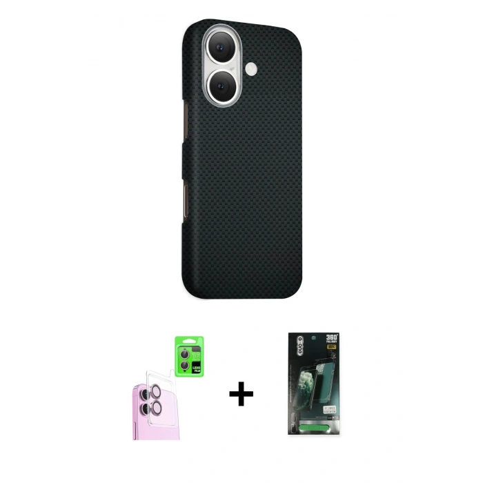 MARSİLYAN™- iPhone 16 Kılıf Kozmos Klasik Prime - Siyah 360 Mat Full Body Arka Koruyucu + Raze Metal Kamera Lens - PE
