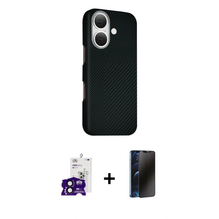 MARSİLYAN™- iPhone 16 Kılıf Kozmos Klasik Prime - Siyah 3D Antistatik Hayalet Cam Ekran Koruyucu + Bilvis Titan Kamera Lens - SH