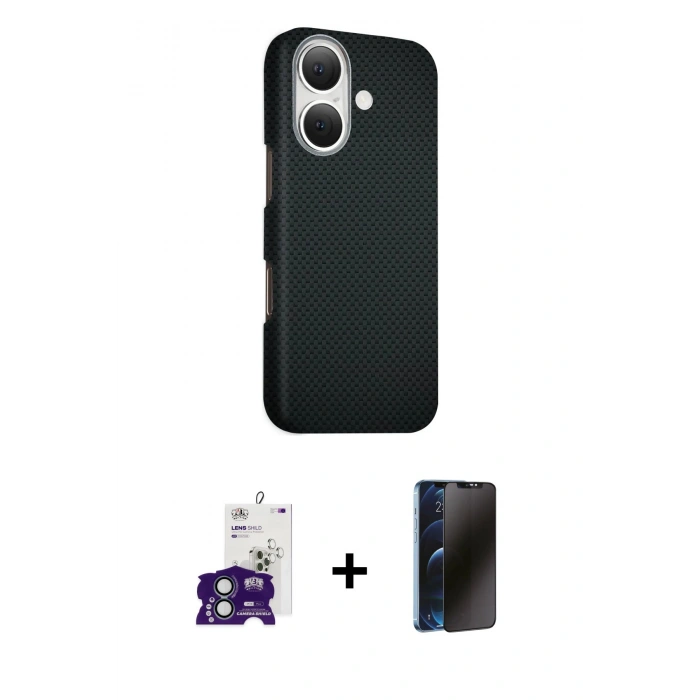 MARSİLYAN™- iPhone 16 Kılıf Kozmos Klasik Prime - Siyah 3D Antistatik Hayalet Cam Ekran Koruyucu + Bilvis Titan Kamera Lens - YL