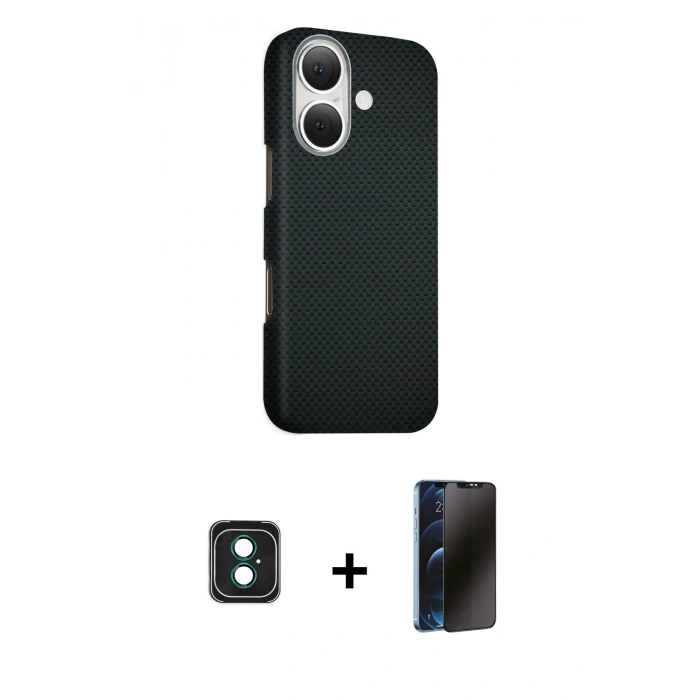 MARSİLYAN™- iPhone 16 Kılıf Kozmos Klasik Prime - Siyah 3D Antistatik Hayalet Cam Ekran Koruyucu + PVD Metal Kamera Lens - YL