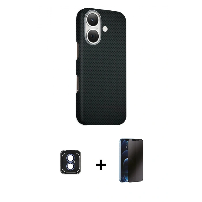 MARSİLYAN™- iPhone 16 Kılıf Kozmos Klasik Prime - Siyah 3D Antistatik Hayalet Cam Ekran Koruyucu + PVD Metal Kamera Lens - MI