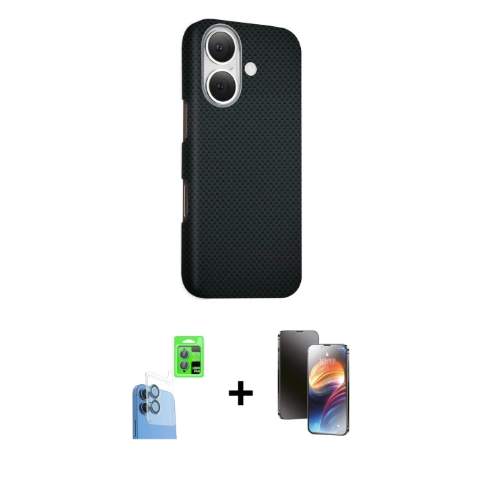 MARSİLYAN™- iPhone 16 Kılıf Kozmos Klasik Prime - Siyah 3D Antistatik Mat Seramik Nano Ekran Koruyucu + Raze Metal Kamera Lens - LT
