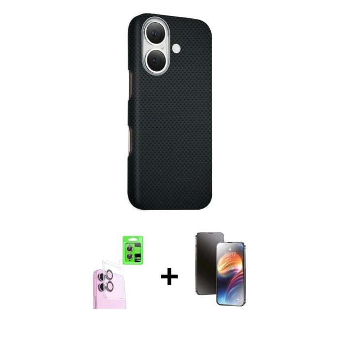 MARSİLYAN™- iPhone 16 Kılıf Kozmos Klasik Prime - Siyah 3D Antistatik Mat Seramik Nano Ekran Koruyucu + Raze Metal Kamera Lens - PE