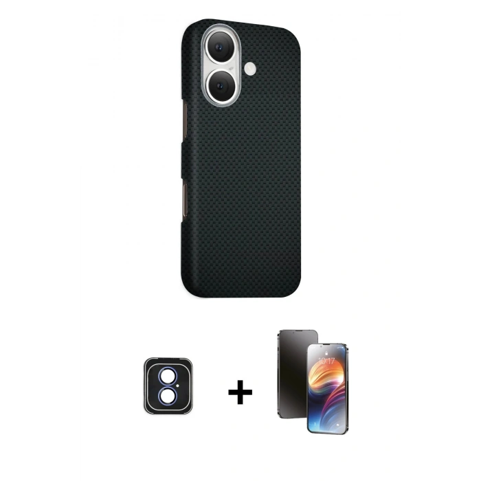 MARSİLYAN™- iPhone 16 Kılıf Kozmos Klasik Prime - Siyah 3D Antistatik Mat Seramik Nano Ekran Koruyucu + PVD Metal Kamera Lens - MI