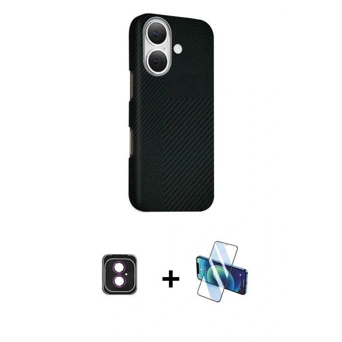 MARSİLYAN™- iPhone 16 Kılıf Kozmos Klasik Prime - Siyah 3D Antistatik Seramik Nano Ekran Koruyucu + PVD Metal Kamera Lens - PE