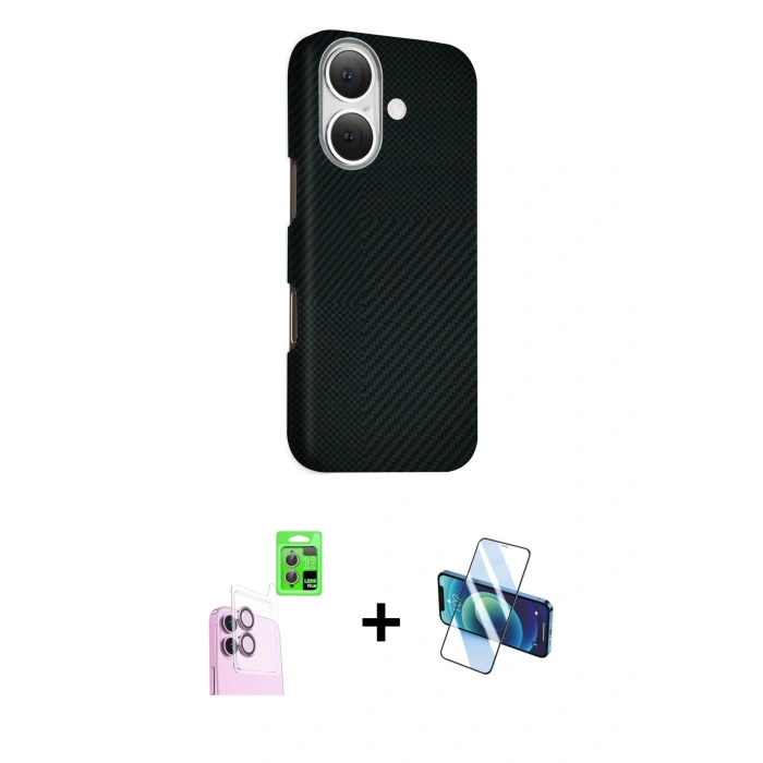 MARSİLYAN™- iPhone 16 Kılıf Kozmos Klasik Prime - Siyah 3D Antistatik Seramik Nano Ekran Koruyucu + Raze Metal Kamera Lens - PE