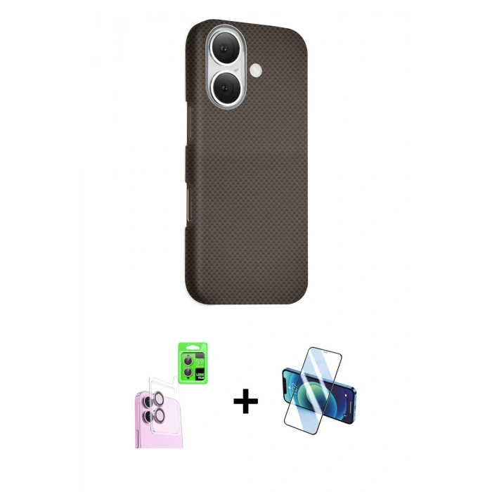 MARSİLYAN™- iPhone 16 Kılıf Kozmos Klasik Prime - Siyah 3D Antistatik Seramik Nano Ekran Koruyucu + Raze Metal Kamera Lens - PE