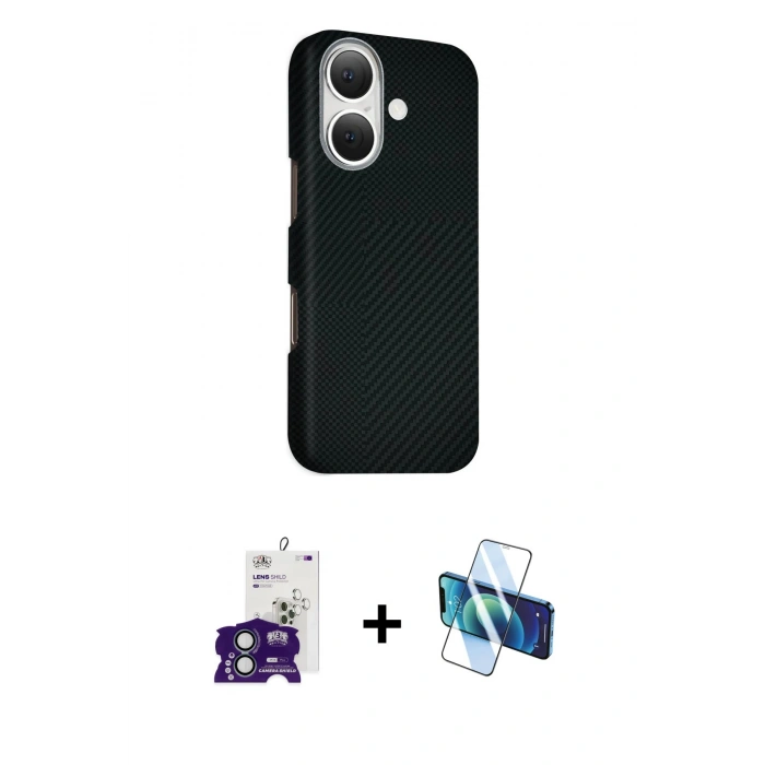 MARSİLYAN™- iPhone 16 Kılıf Kozmos Klasik Prime - Siyah 3D Antistatik Seramik Nano Ekran Koruyucu + Bilvis Titan Kamera Lens - YL