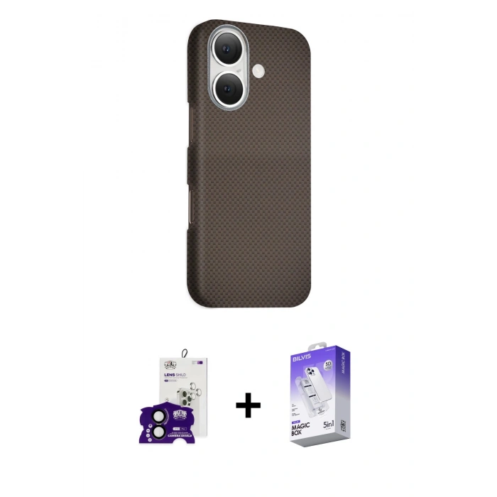 MARSİLYAN™- iPhone 16 Kılıf Kozmos Klasik Prime - Siyah Bilvis 5in1 3D Magic Cam Ekran Koruyucu + Bilvis Titan Kamera Lens - SH